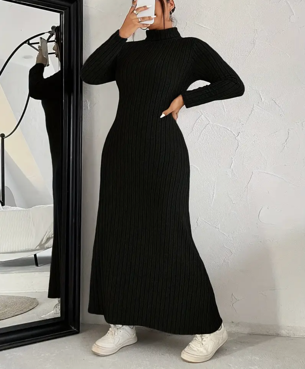 ChoZen Unlimited Women’s Black High-Neck Maxi Sweater Dress – Plus Size Ribbed Knit Winter Dress