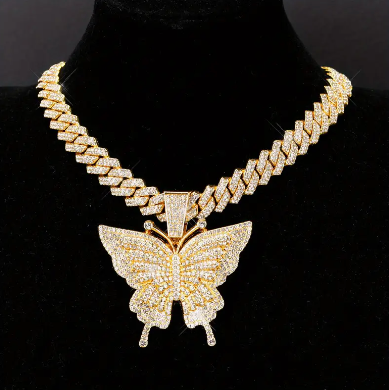 Butterfly Pendant Necklace – 18K Gold Plated Stainless Steel Iced Chain