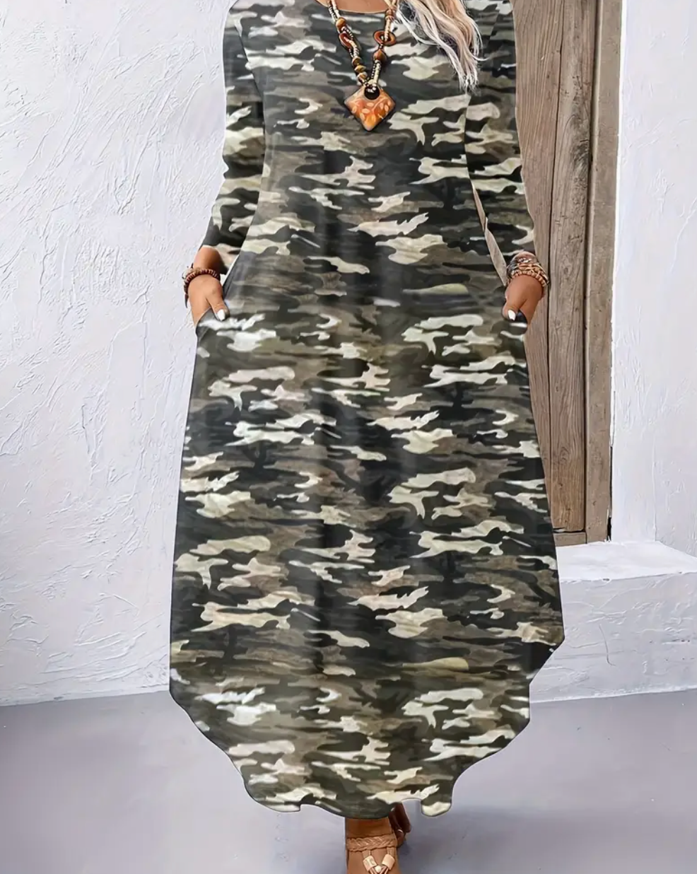 ChoZen Unlimited Women’s Camouflage Maxi Dress – Long Sleeve Casual Pocketed Round Neck Dress