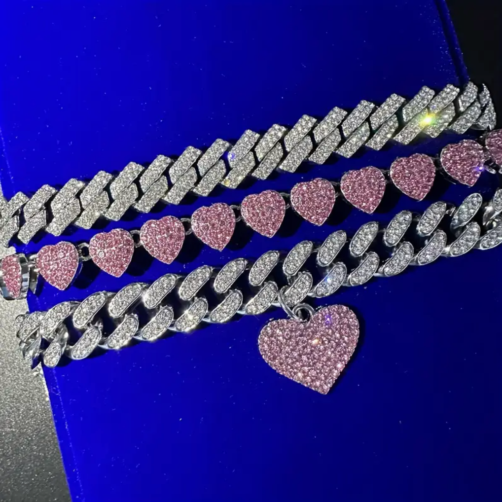 ChoZen Unlimited 3-Piece Rhinestone Heart Pendant Jewelry Set – Silvery Plated Anklet