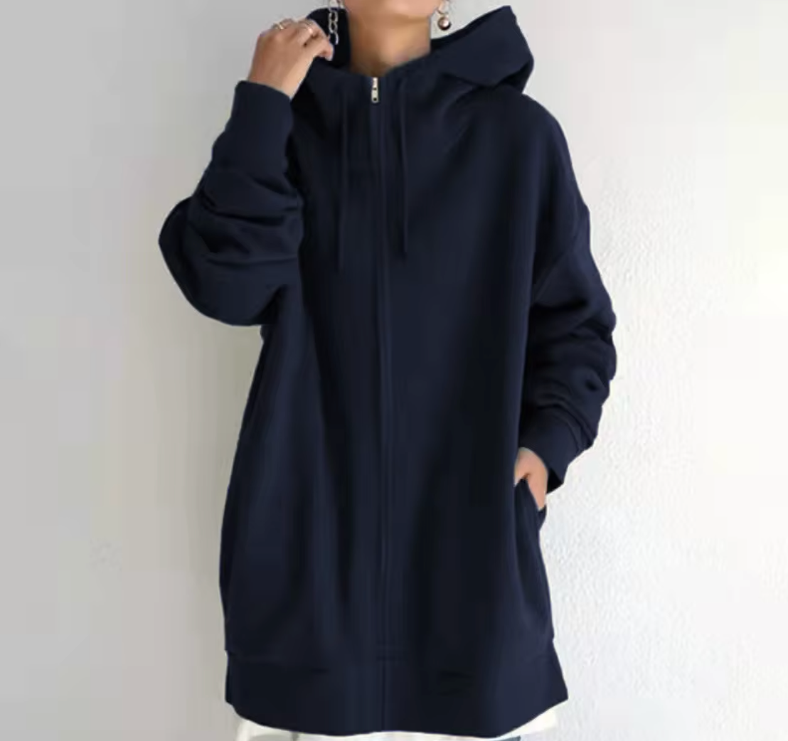 Chozen Unlimited Women’s Long Zipper Hoodie Coat – Plus Size Casual Loose-Fit Outerwear with Pockets
