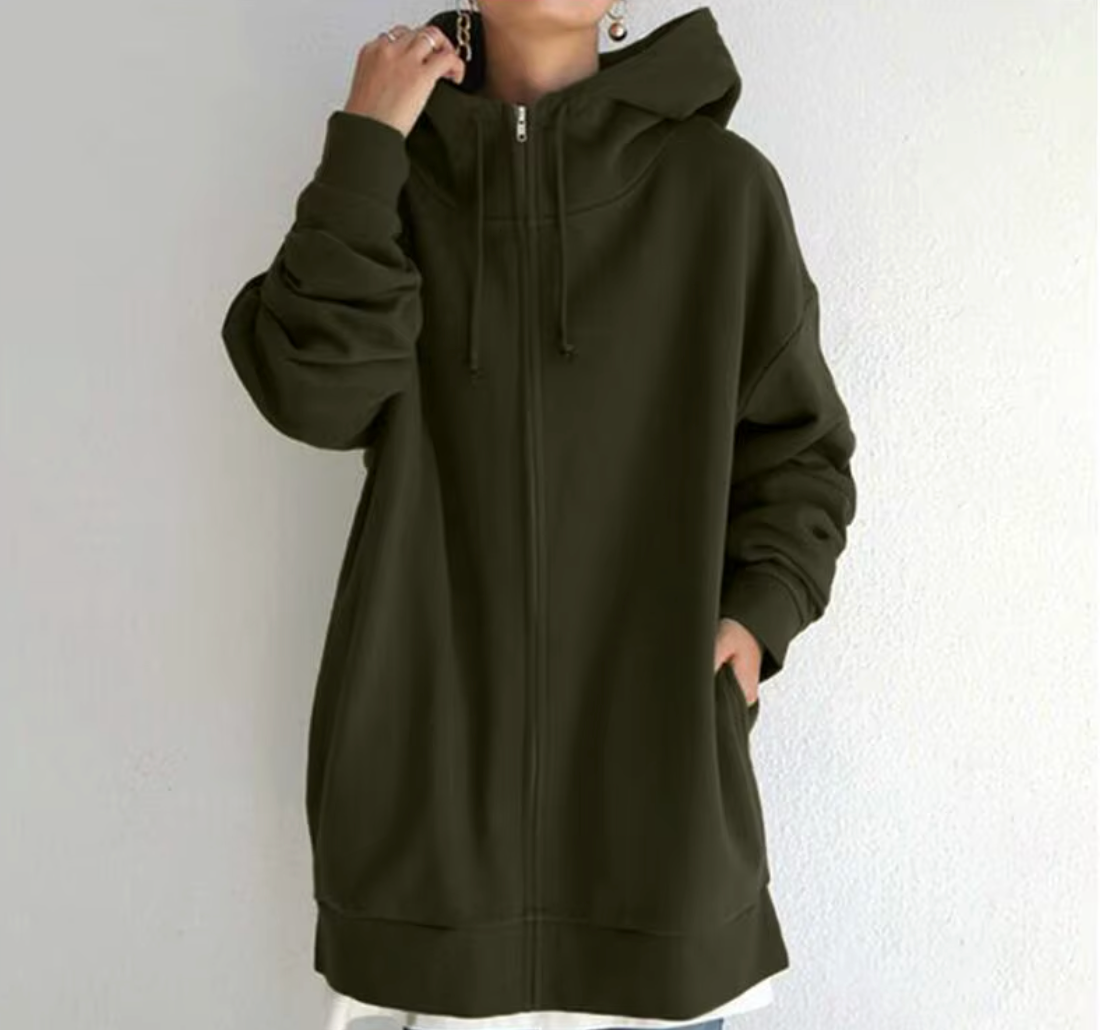 Chozen Unlimited Women’s Long Zipper Hoodie Coat – Plus Size Casual Loose-Fit Outerwear with Pockets