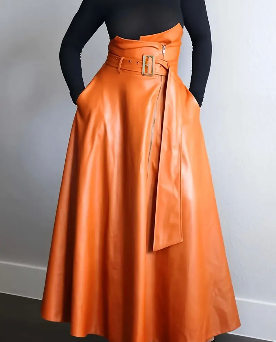 Elegant High-Waisted Faux Leather Midi Skirt with Belted Detail
