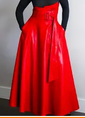 Elegant High-Waisted Faux Leather Midi Skirt with Belted Detail