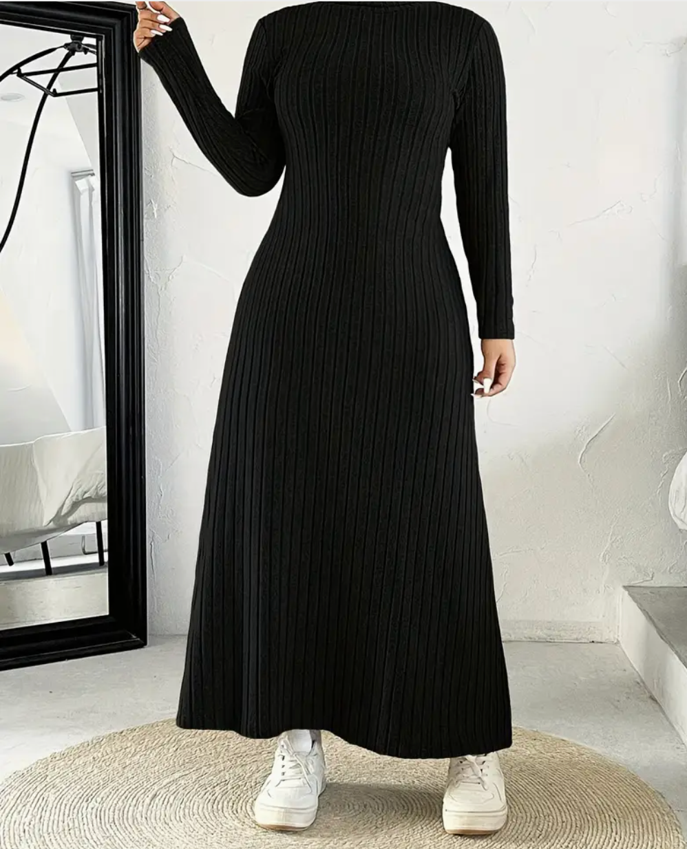 ChoZen Unlimited Women’s Black High-Neck Maxi Sweater Dress – Plus Size Ribbed Knit Winter Dress