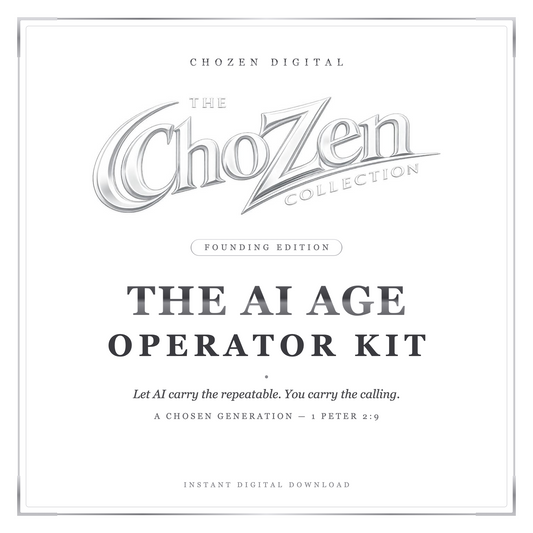 The AI Age Operator Kit — Founding Edition by ChoZen Digital. The ChoZen Collection chrome wordmark on a clean white cover with chrome trim.