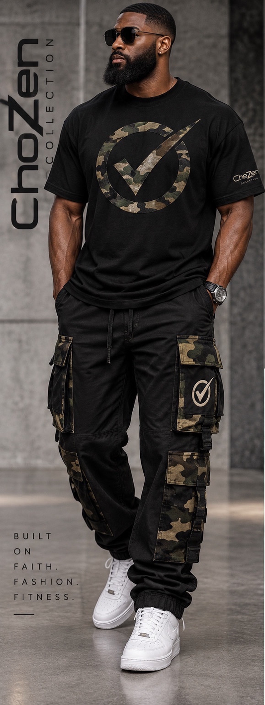 Men’s ChoZen Cargo Set in Black / Camo. Design visualization of the logo tee and cargo pants.