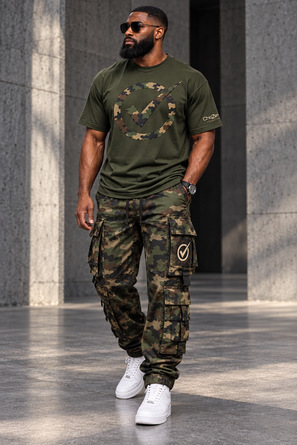 Men’s ChoZen Cargo Set in Green / Forest Camo: logo tee and cargo pants. Design visualization.