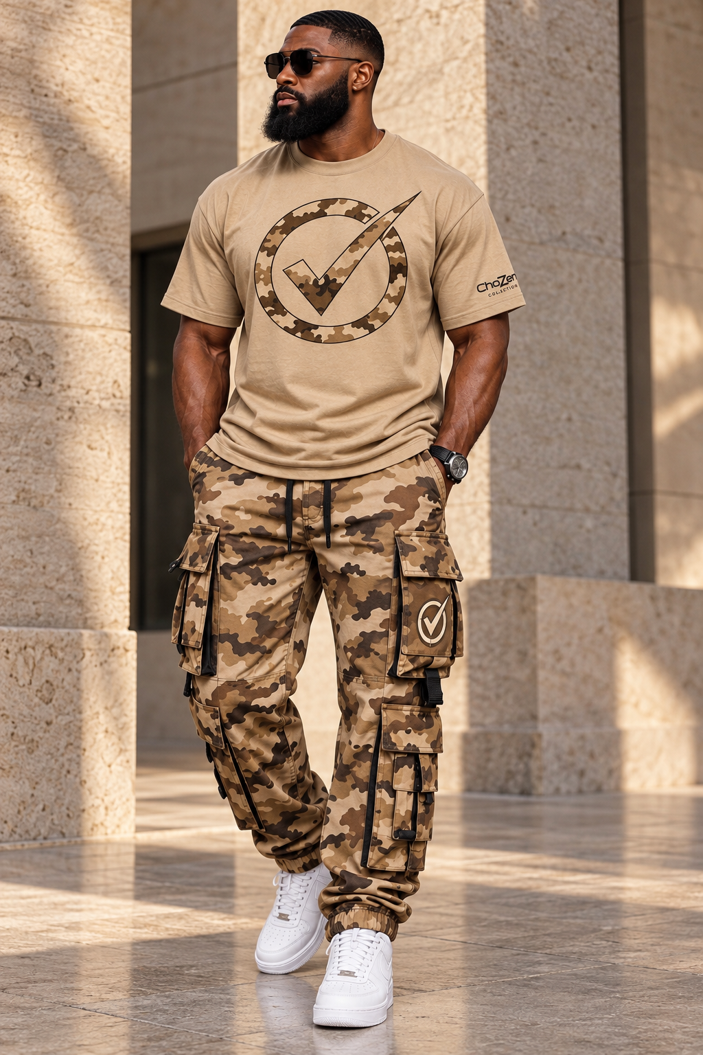 Men’s ChoZen Cargo Set in Tan / Desert Camo: logo tee and cargo pants. Design visualization.