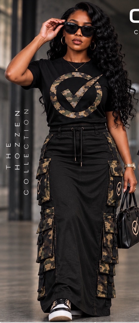 Women’s ChoZen Cargo Set in Black / Camo. Design visualization of the logo tee and A-line cargo maxi skirt with no slit.