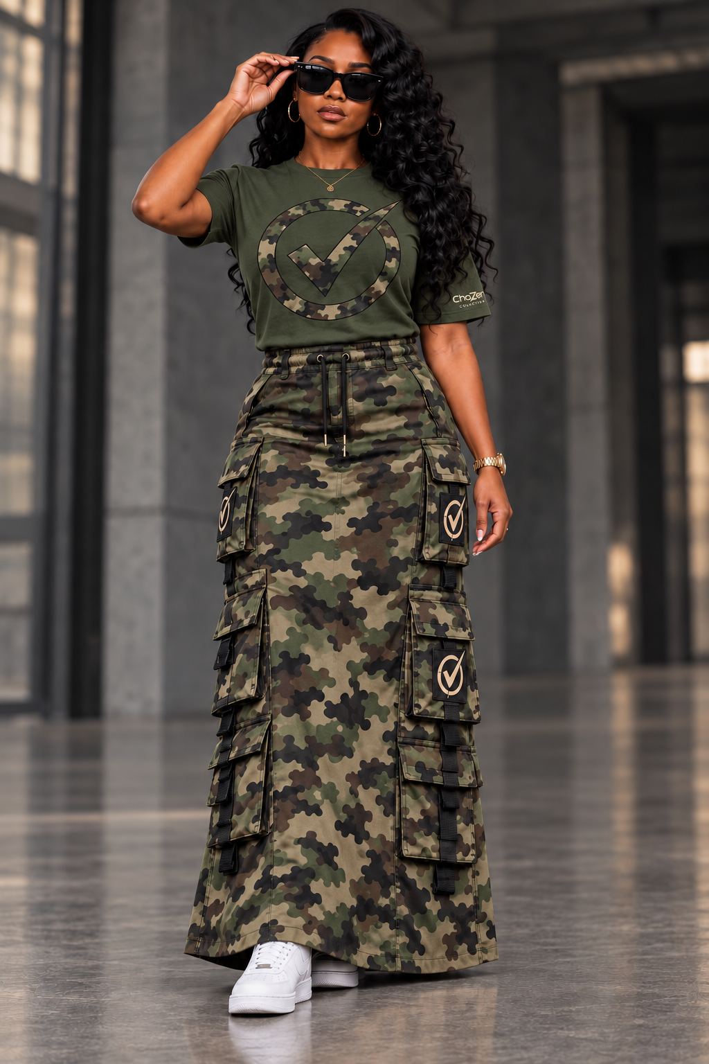 Women’s ChoZen Cargo Set in Green / Forest Camo: logo tee and A-line cargo maxi skirt with no slit. Design visualization.