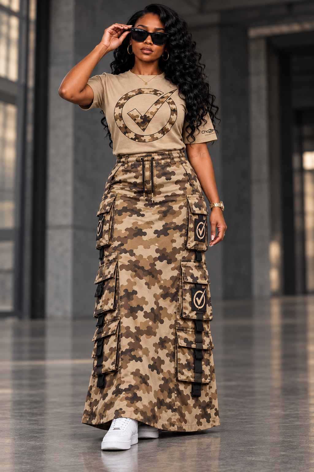 Women’s ChoZen Cargo Set in Tan / Desert Camo: logo tee and A-line cargo maxi skirt with no slit. Design visualization.