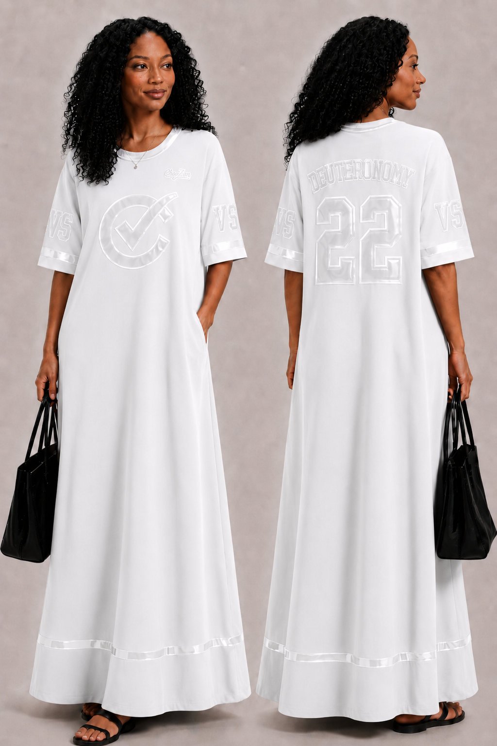 ChoZen Deuteronomy 22:5 Maxi Jersey Dress — White on White (front & back)