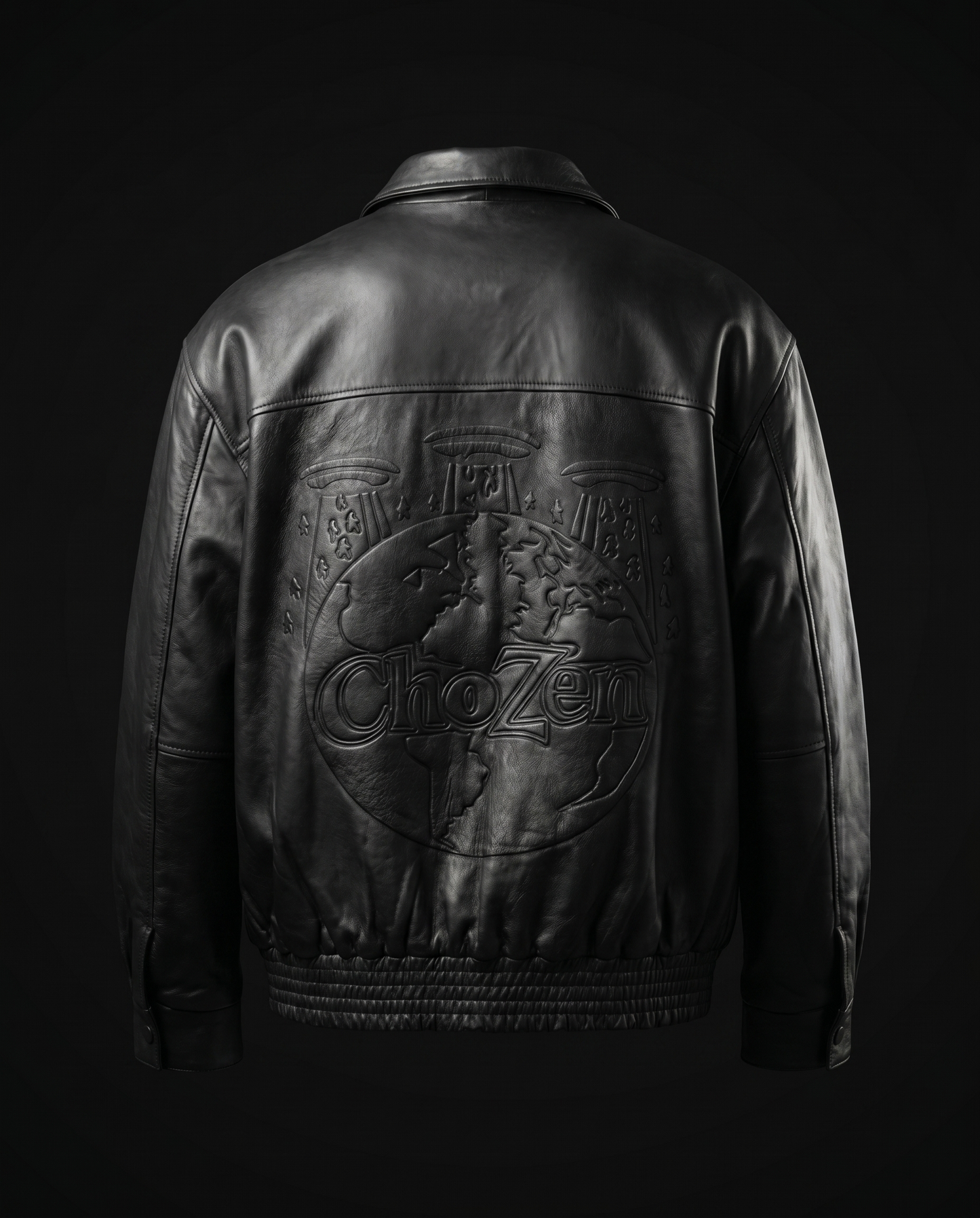 Final Exodus Signature Leather Jacket — back, embossed ChoZen globe-and-pillars emblem
