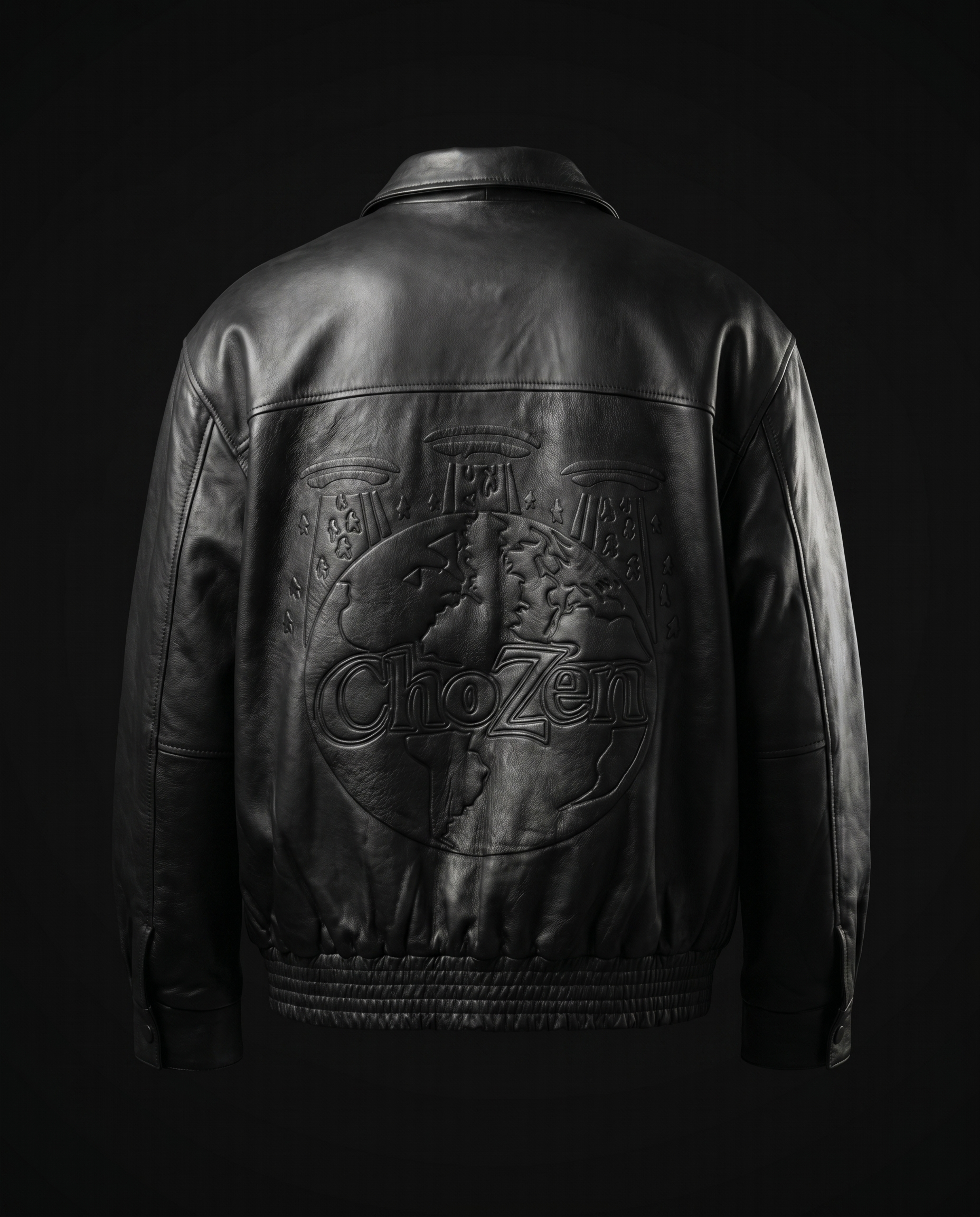 Final Exodus Signature Leather Jacket — back, embossed ChoZen globe-and-pillars emblem