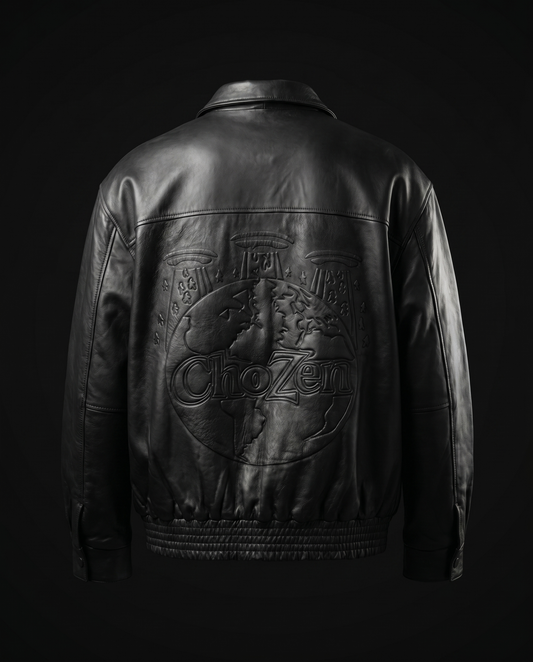 Final Exodus Signature Leather Jacket — back, embossed ChoZen globe-and-pillars emblem