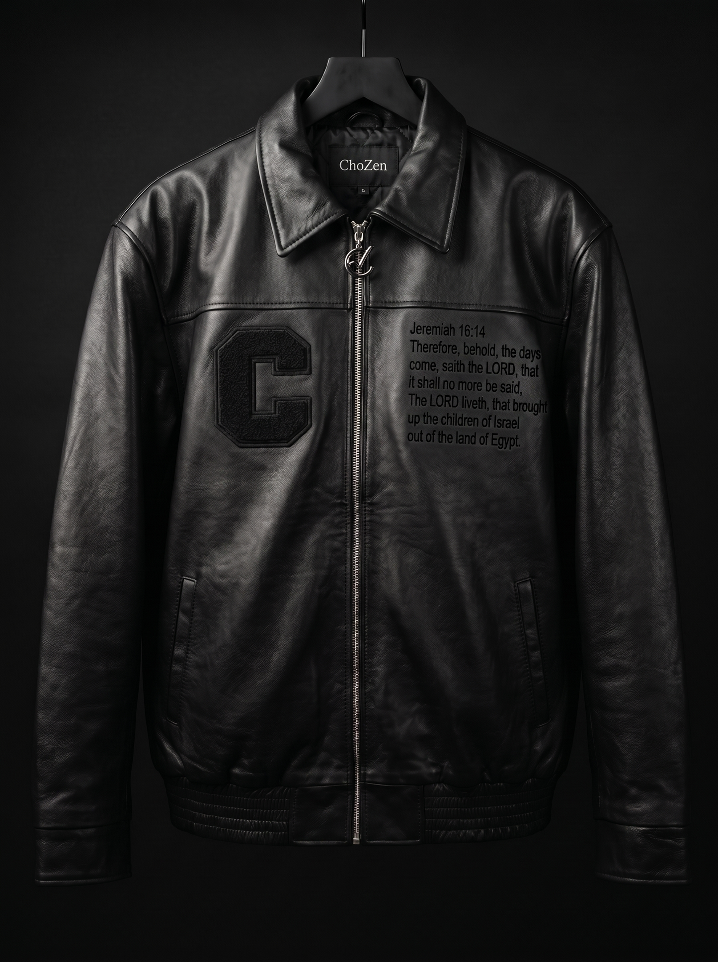Final Exodus Signature Leather Jacket — front, chenille C patch and Jeremiah 16:14