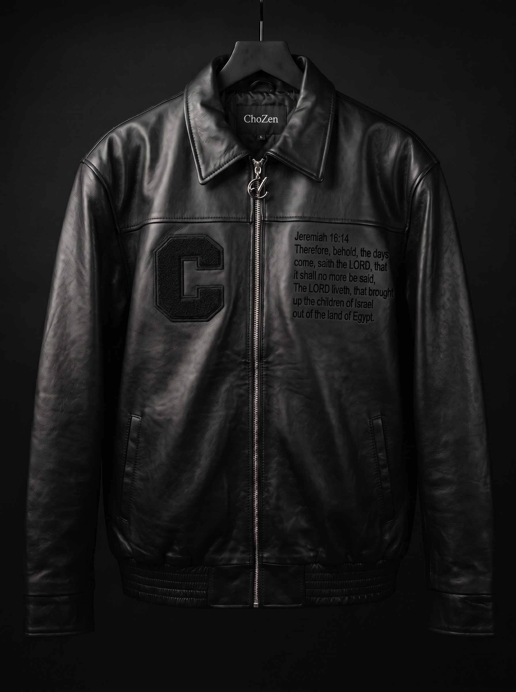 Final Exodus Signature Leather Jacket — front, chenille C patch and Jeremiah 16:14