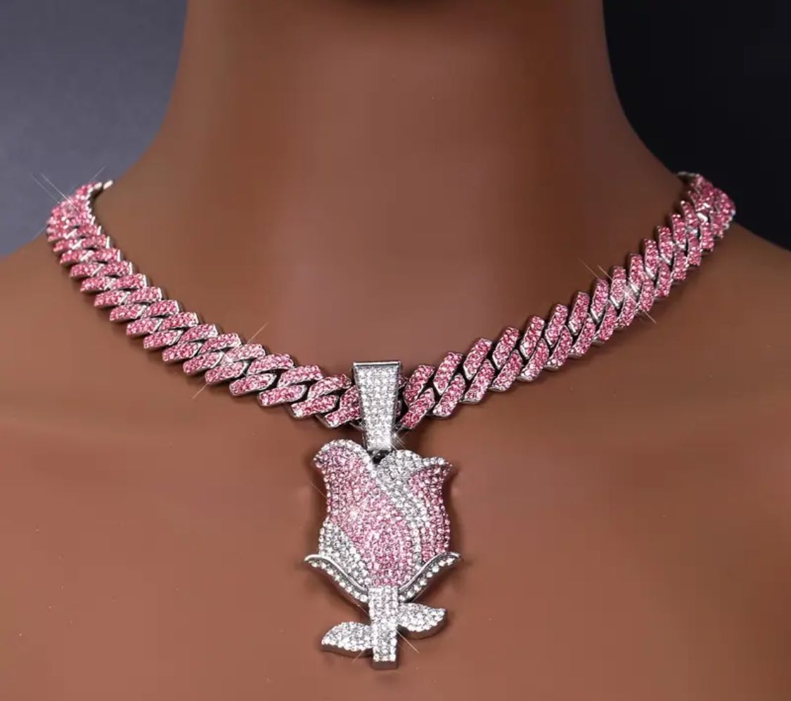Pink Rose Pendant Necklace – Iced Charm Chain for Women