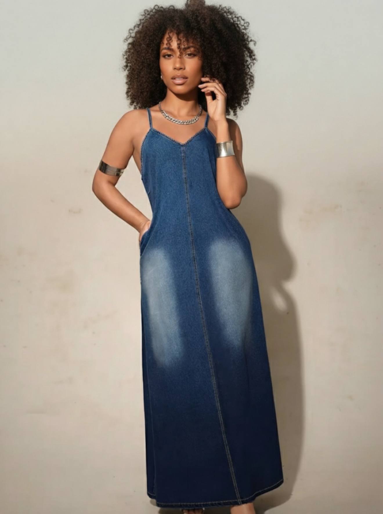 ChoZen Unlimited Women’s Chambray Denim Maxi Dress – Elegant Spaghetti Strap Summer Dress