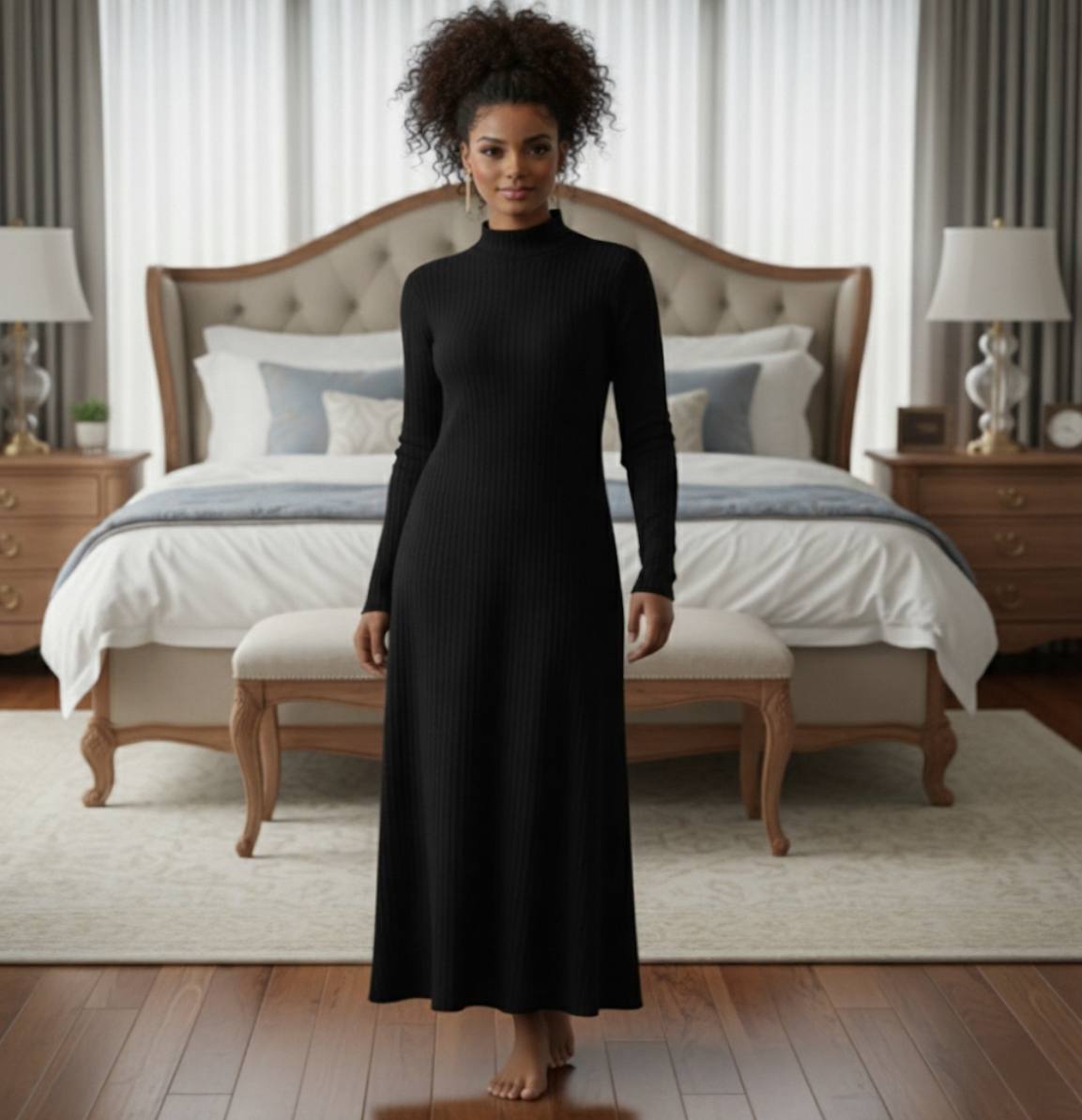 ChoZen Unlimited Women’s Black High-Neck Maxi Sweater Dress – Plus Size Ribbed Knit Winter Dress