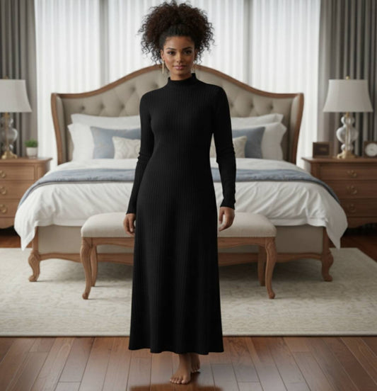 ChoZen Unlimited Women’s Black High-Neck Maxi Sweater Dress – Plus Size Ribbed Knit Winter Dress