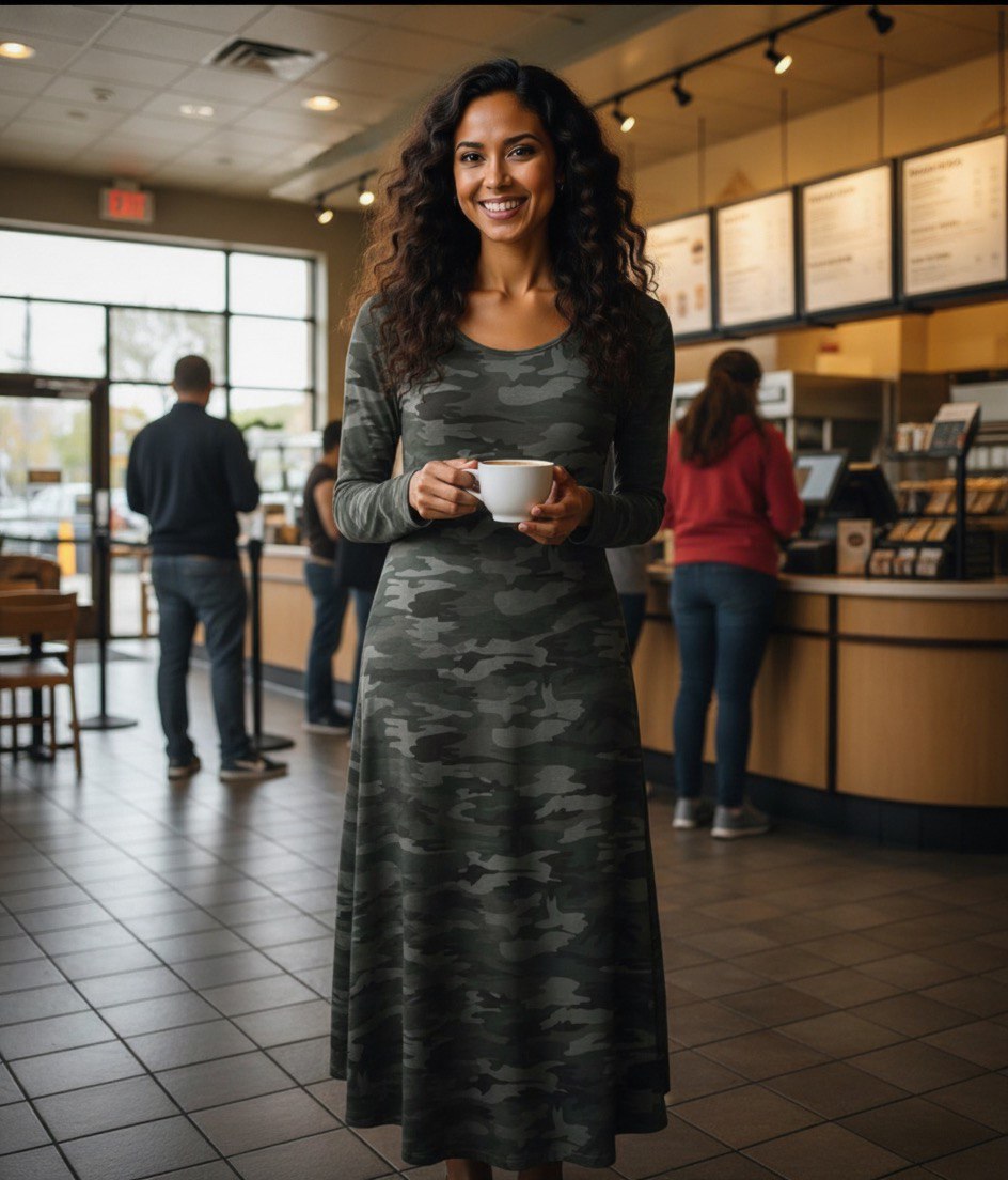 ChoZen Unlimited Women’s Camouflage Maxi Dress – Long Sleeve Casual Pocketed Round Neck Dress